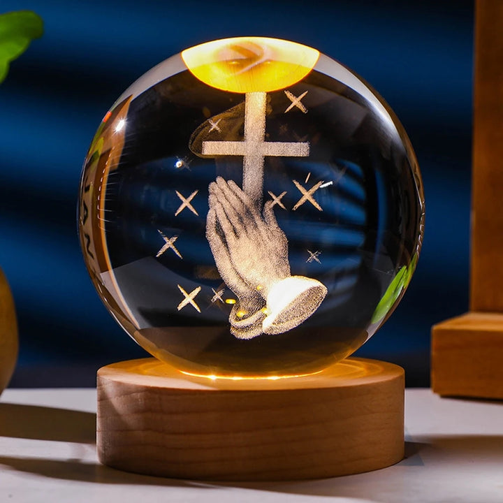 3D Crystal Ball Night Light – Stitch & Pikachu Laser Carving with Wooden Base (6cm)