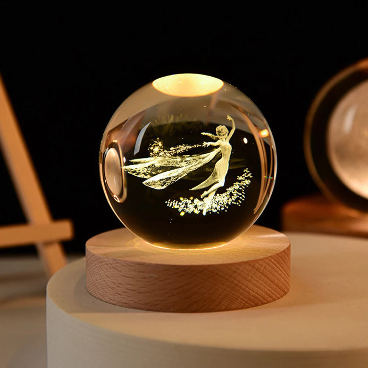 3D Crystal Ball Night Light – Stitch & Pikachu Laser Carving with Wooden Base (6cm)