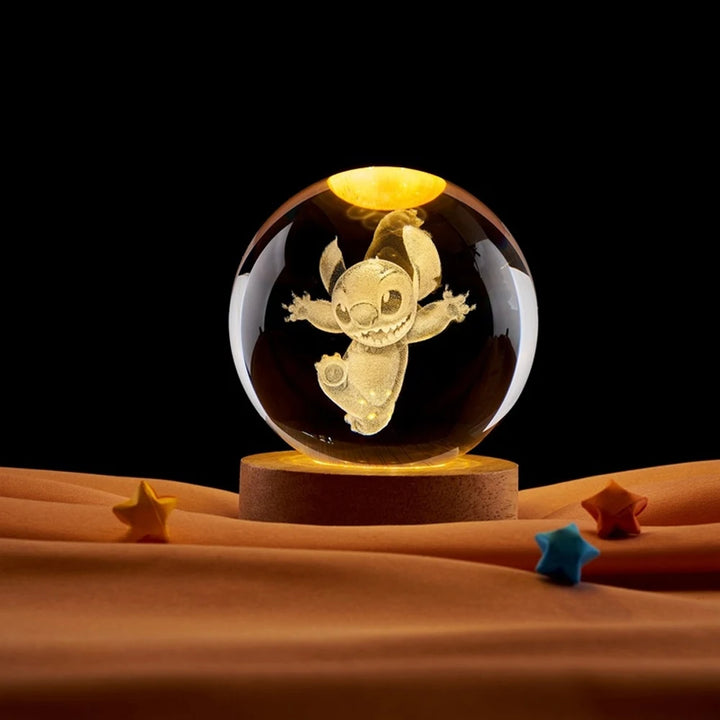 3D Crystal Ball Night Light – Stitch & Pikachu Laser Carving with Wooden Base (6cm)